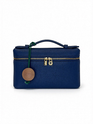 Сумка Loro Piana Mini Box Bag, тёмно‑синяя зернистая кожа, зелёный шнур, деревянный брелок фото