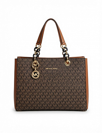 Michael Kors Сумка‑тоут Emilia с монограммным канвасом, карамельно‑коричневой кожей и акцентной цепочной фурнитурой «золото‑чёрный» фото