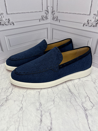 Текстильные лоферы Santoni с белой подошвой и декоративной строчкой (деним-синий) фото