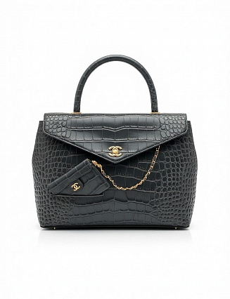 Chanel Top Handle Bag, чёрная кожа с фактурой под крокодила, золотистая фурнитура фото
