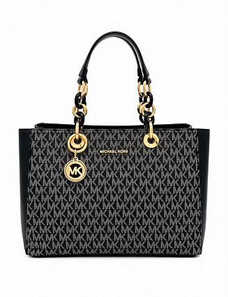 Michael Kors Сумка‑тоут Cynthia с монограммным принтом, чёрными кожаными ручками и акцентной цепочной фурнитурой фото