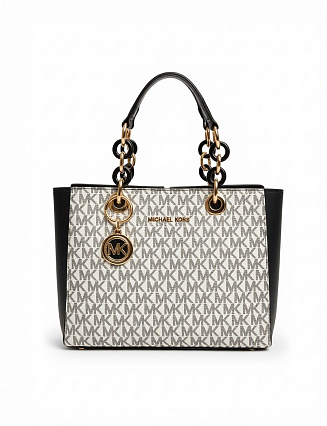Michael Kors Сумка Cynthia с монограммным принтом MK, чёрными кожаными вставками и цепочной фурнитурой в стиле «золото‑чёрный» фото