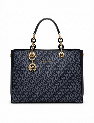 Michael Kors Сумка‑тоут Cynthia с монограммным принтом, синими кожаными ручками и золотистой фурнитурой фото