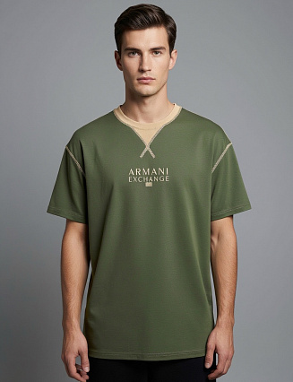 Футболка мужская Armani Exchange, оливково‑зелёная, с контрастной отделкой и логотипом фото