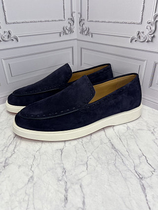 Замшевые лоферы Santoni с контрастной подошвой и декоративной строчкой (темно-синий) фото
