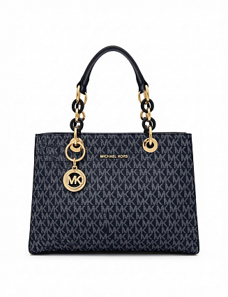 Michael Kors Сумка Cynthia с монограммным принтом, тёмно‑синими кожаными вставками и фурнитурой в стиле «золото‑чёрный» фото