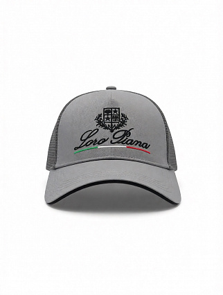 Бейсболка Loro Piana в стиле trucker cap, графитово‑серая, с вышитым логотипом, гербом и полосой в цветах итальянского флага фото