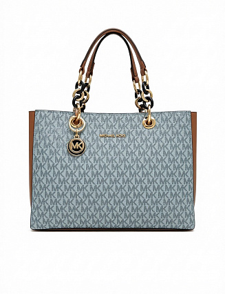 Michael Kors Сумка‑тоут с монограммным принтом, коричневыми кожаными вставками и акцентной фурнитурой фото