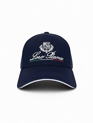 Бейсболка Loro Piana в стиле trucker cap, тёмно‑синяя, с вышитым логотипом, геральдическим гербом и полосой в цветах итальянского флага фото