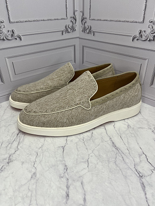 Лоферы Santoni из фактурного текстиля с белой подошвой (светло-бежевый/оливковый меланж) фото