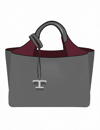 Женская сумка Tod’s, графитового оттенка, из премиальной зернистой телячьей кожи, лаконичный прямоугольный силуэт, две прочные ручки, бордовая подкладка, серебристый металлический логотип‑брелок в виде буквы «T» фото