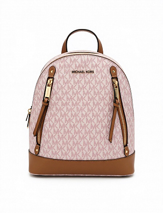 Michael Kors Рюкзак Rhea с монограммным принтом «MK», нежно‑розовым канвасом, коричнево‑бежевой кожаной отделкой и золотистой фурнитурой фото