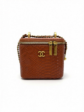 Сумка Chanel Vanity Case Mini, коричневая кожа с фактурой под питона, золотистая фурнитура фото