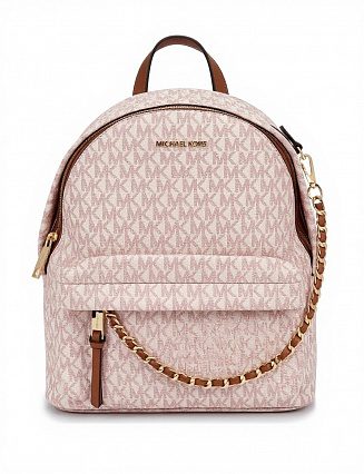 Michael Kors Рюкзак Rhea Mini с монограммным принтом «MK», пудрово‑розовым канвасом, коричневой кожаной отделкой и золотистой фурнитурой фото