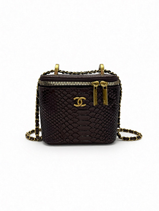 Сумка Chanel Vanity Case Mini, тёмно‑бордовая кожа с фактурой под питона, фурнитура оттенка античного золота фото