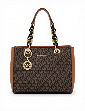 Michael Kors Сумка‑тоут Cynthia с монограммным канвасом, гладкой коричневой кожей и акцентной цепочной фурнитурой «золото‑чёрный» фото