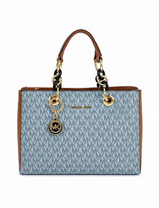 Michael Kors Сумка‑тоут с монограммным канвасом серо‑голубого оттенка, коричневыми кожаными вставками и цепочной фурнитурой в стиле «золото‑чёрный» фото