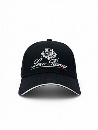 Бейсболка Loro Piana в стиле trucker cap, чёрная, с вышитым логотипом, гербом и акцентной полосой в цветах итальянского флага фото