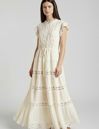 ZIMMERMANN Макси‑платье с ажурной вышивкой и кружевными ярусами, цвет экрю фото