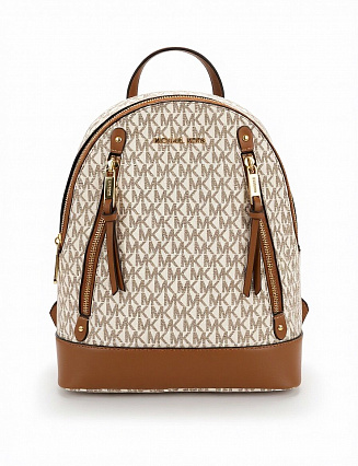 Michael Kors Рюкзак Abbey с монограммным принтом «MK», коричневой кожаной отделкой и золотистой фурнитурой фото