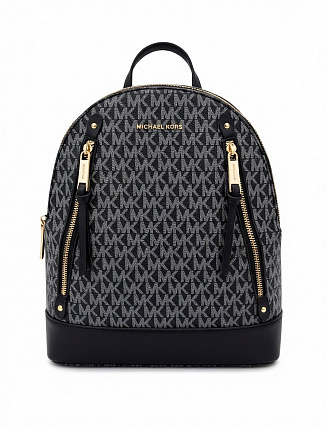  Michael Kors Рюкзак с монограммным принтом Signature, чёрной кожаной базой и золотистой фурнитурой, фото