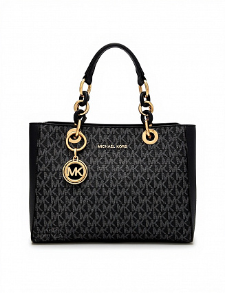 Michael Kors Сумка‑тоут с монограммным принтом MK, чёрными кожаными ручками, цепочной фурнитурой и съёмным ремнём фото