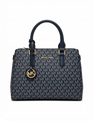 Michael Kors Сумка‑тоут с монограммным принтом, чёрными кожаными ручками и золотистой фурнитурой фото