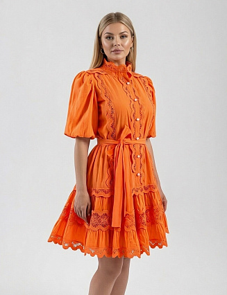 ZIMMERMANN Платье мини с объёмными рукавами и отделкой broderie anglaise, цвет ярко‑оранжевый фото