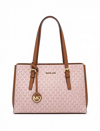 Michael Kors Сумка‑тоут с монограммным принтом, коричневыми кожаными вставками и золотистой фурнитурой фото