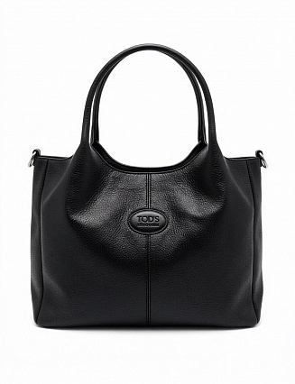 Женская сумка Tod’s, чёрная, из текстурированной кожи, лаконичный дизайн, top‑handle, со съёмным ремнём, серебристая фурнитура фото