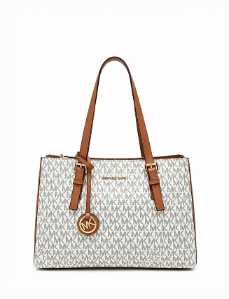Michael Kors Сумка‑тоут Mel Medium Logo с монограммным принтом, коричневой кожаной отделкой и подвеской MK фото